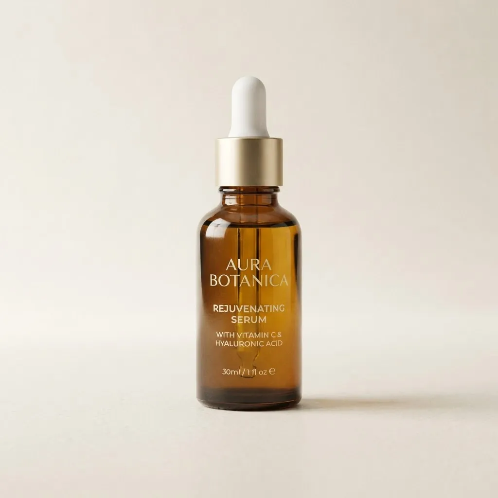 Aura Botanica serum product photo on a warm stone pedestal