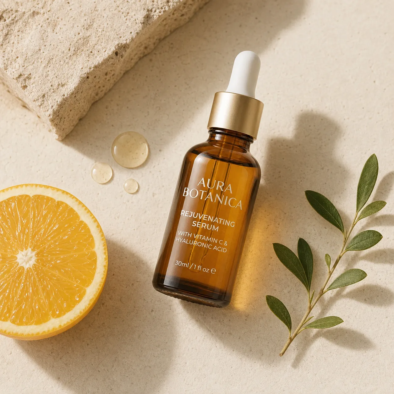 Aura Botanica serum campaign visual with citrus and botanical ingredients