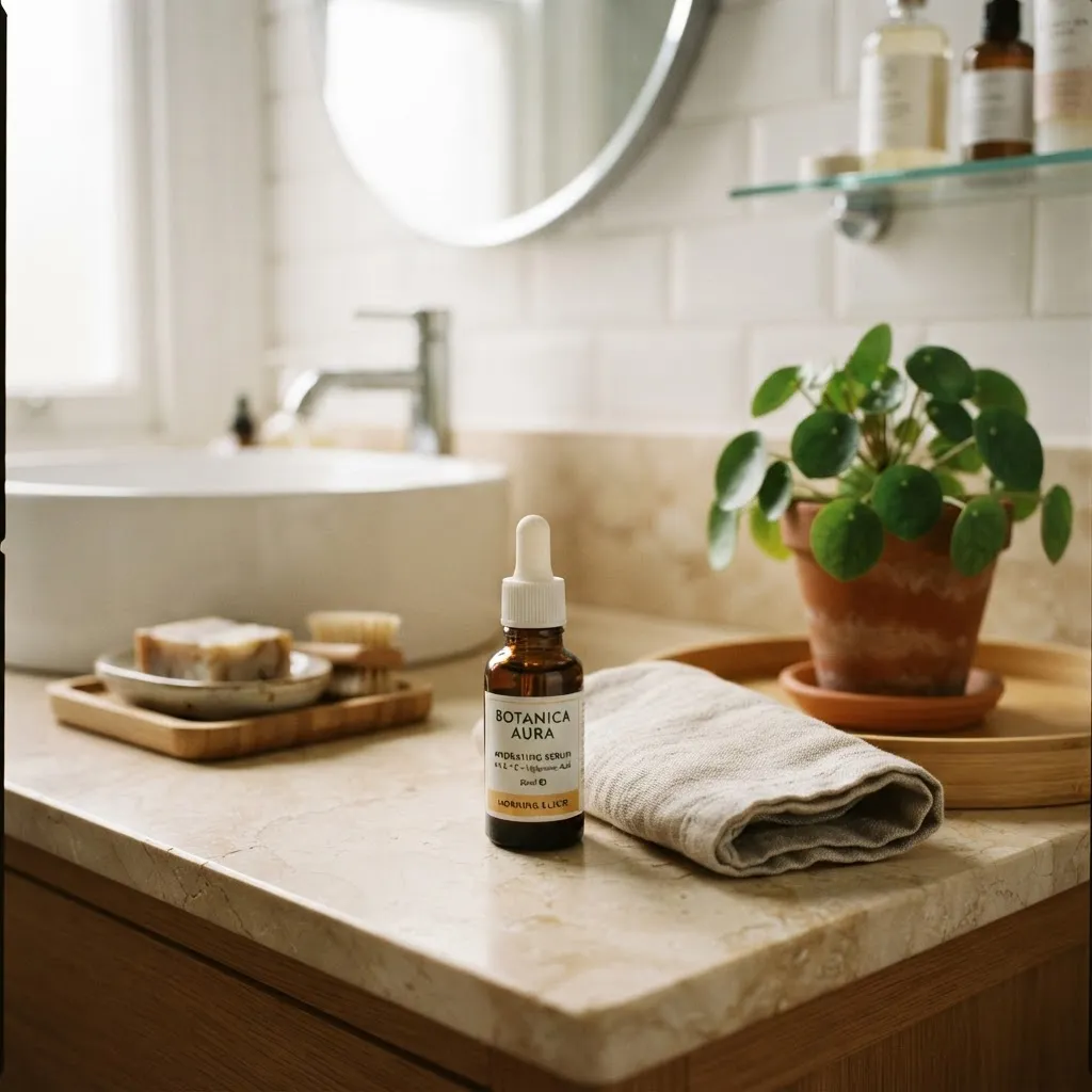 Aura Botanica serum in a warm bathroom lifestyle scene