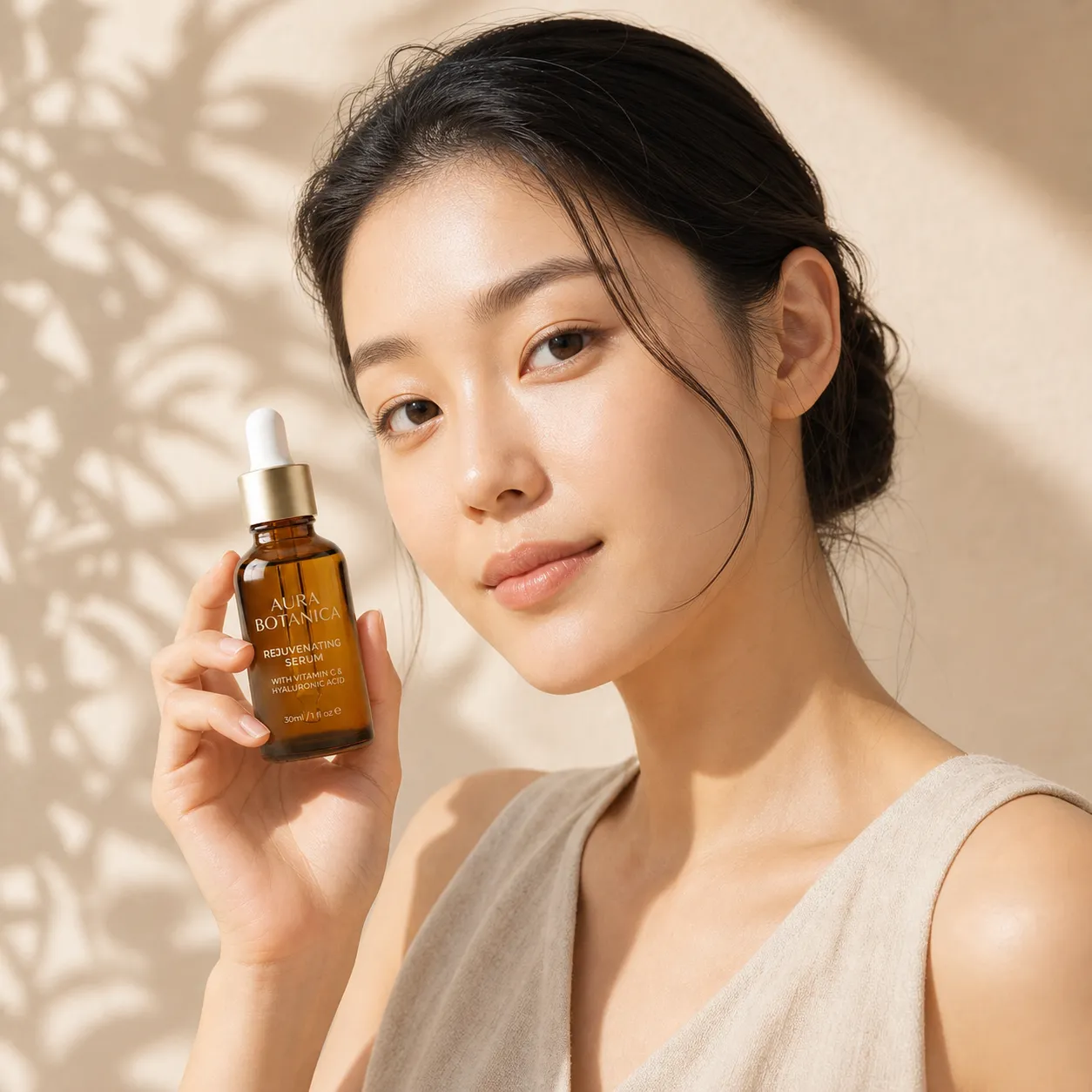 Aura Botanica serum product photo on a warm stone pedestal