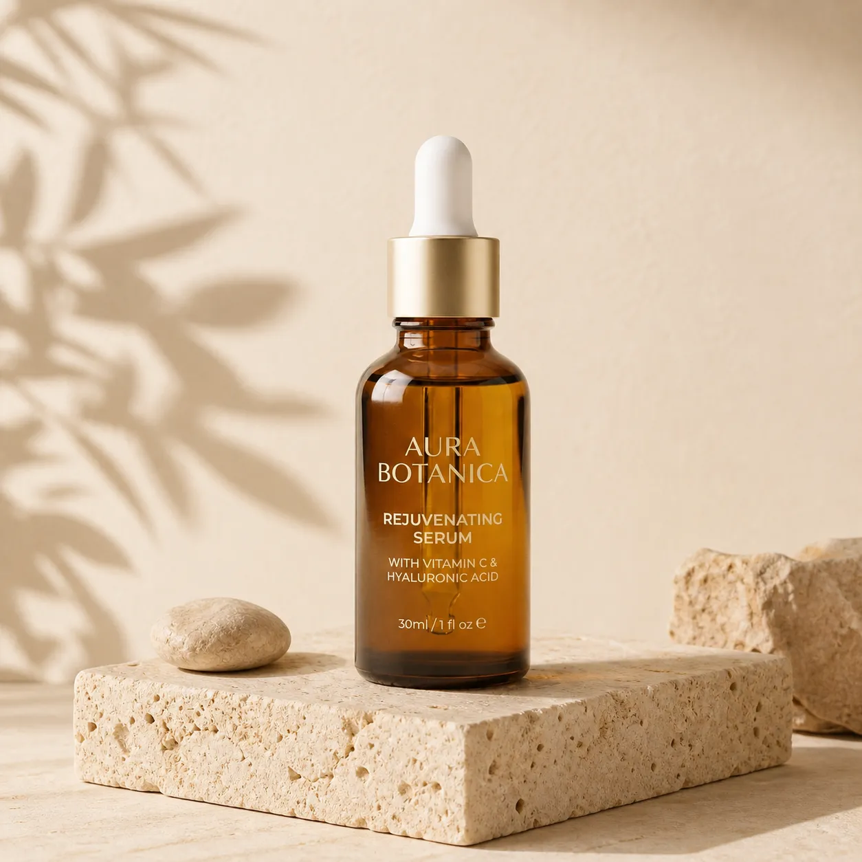 Aura Botanica serum product photo on a warm stone pedestal